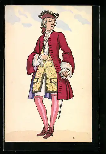 AK Eleganter Herr in Rüschenhemd und Strümpfen, 1730