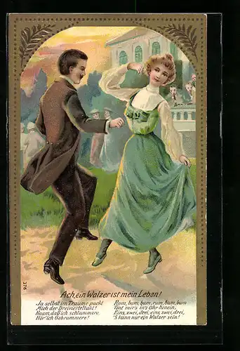 Präge-AK Paar beim Walzer im Garten während einer Feier