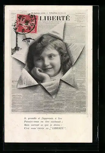 AK Zeitung La Liberte, Mädchenportrait in einem eingerissenen Zeitungsblatt