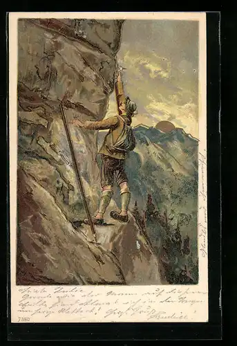 Künstler-AK Mann mit Rucksack beim Bergsteigen