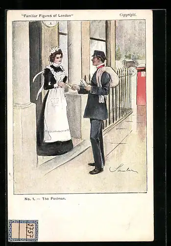 AK Familiar Figures of London, The Postman, Postbote übergibt dem Hausmädchen einen Brief