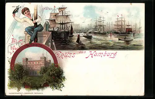 Lithographie Hamburg, Hafen mit Segelschiffen, Matrose, Seewarte