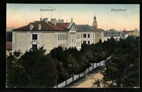 AK Rosenheim, Gymnasium mit Strasse aus der Vogelschau