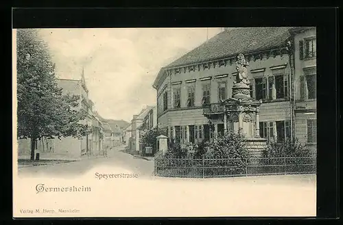 AK Germersheim, Speyererstrasse mit Löwen-Denkmal