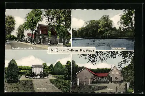 AK Dollern /Kr. Stade, Gemischtwaren A. Prott mit Strasse, Ehrenmal, Schule