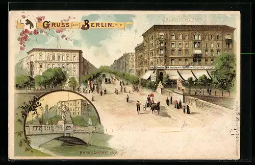 Lithographie Berlin-Tiergarten, Herkules-Brücke in zwei Ansichten