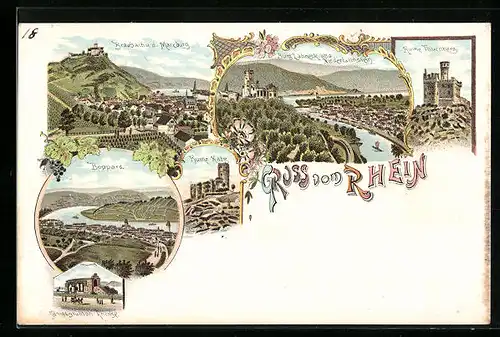 Lithographie Boppard, Ortsansicht, Ruine Katz u. Burg Lahneck m. Niederlahnstein