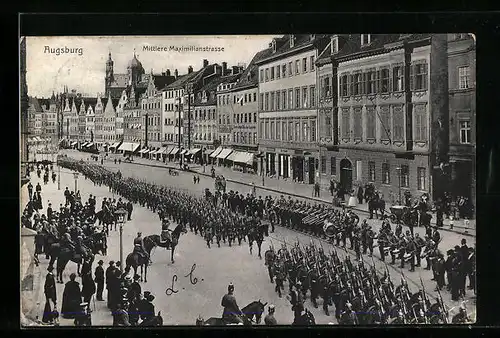 AK Augsburg, Militärparade auf der Maximilianstrasse