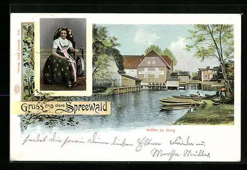 AK Burg / Spreewald, Blick zur Mahl-Schneide- & Oelmühle von C. R: Habermann