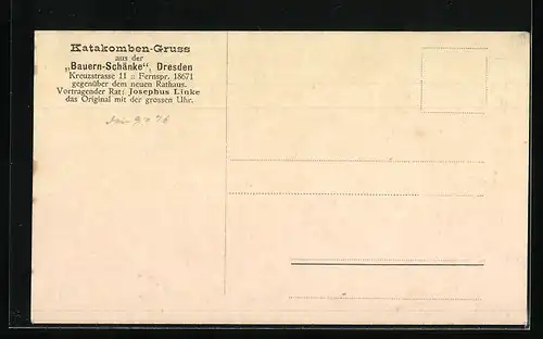 AK Dresden, Katakomben-Gruss aus der Bauern-Schenke, Kreuzstr. 11, morbider Humor