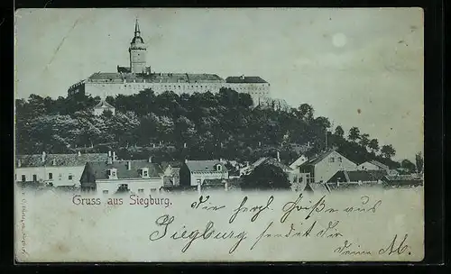 Mondschein-AK Siegburg, Blick auf den Ort bei Nacht