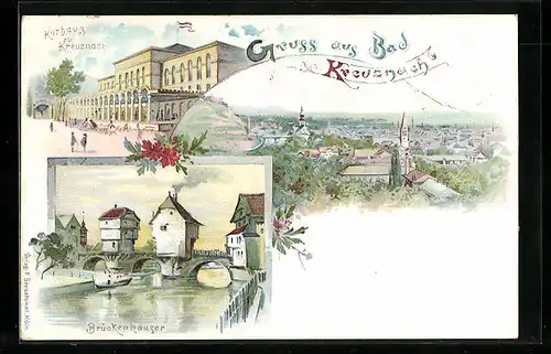 Lithographie Bad Kreuznach, Kurhotel, Brückenhäuser