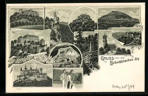 Lithographie Neuffen, Lichtenstein, Hohenzollern, Rechberg