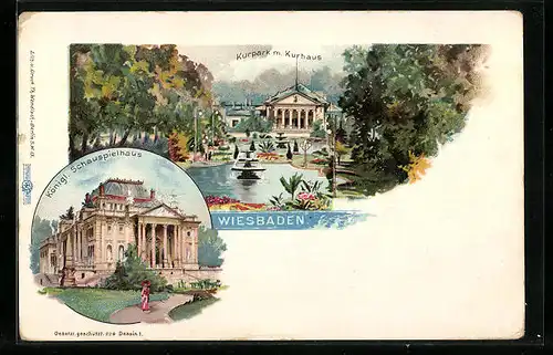 Lithographie Wiesbaden, Kurpark mit Kurhaus und Königl. Schauspielhaus