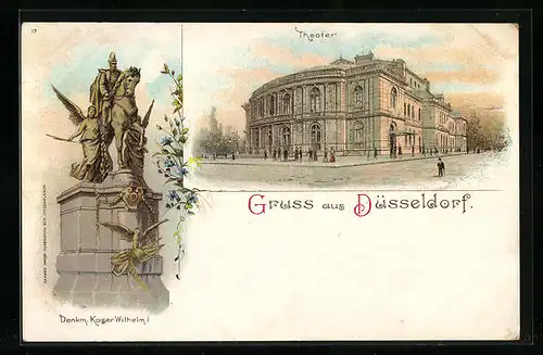 Lithographie Düsseldorf, Theater, Denkmal Kaiser-Wilhelm I