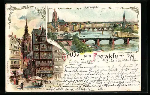 Lithographie Alt-Frankfurt, Eingang zum Markt, Mainansicht