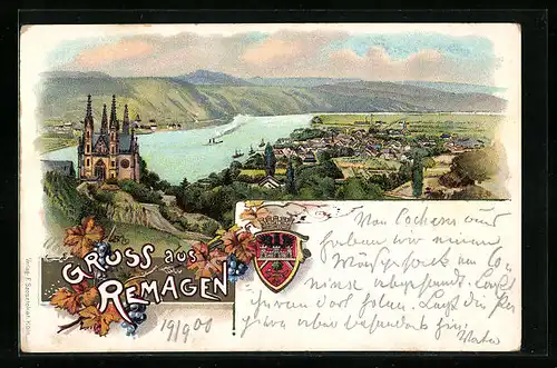 Lithographie Remagen, Ortsansicht mit Umgebung aus der Vogelschau, Wappen
