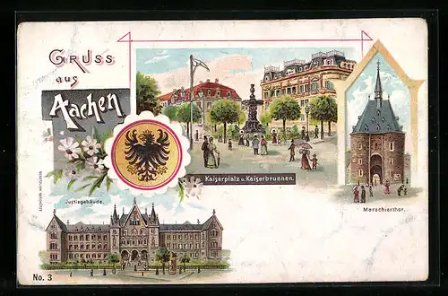 Lithographie Aachen, Kaiserplatz und Kaiserbrunnen, Justizgebäude, Wappen