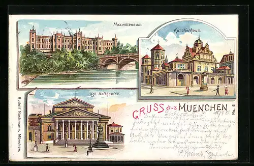 Lithographie München, Maximilianeum, Künstlerhaus und Kgl. Hoftheater