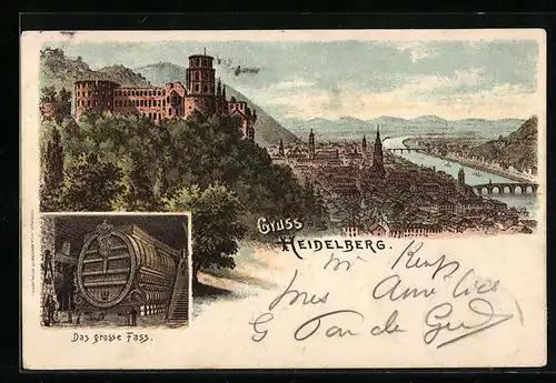 Lithographie Heidelberg, Ortsansicht aus der Vogelschau