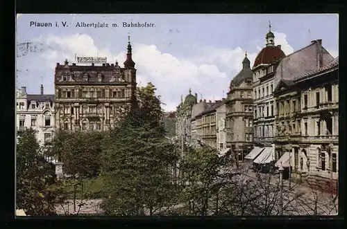 AK Plauen i. V., Albertplatz m. Bahnhofstr.