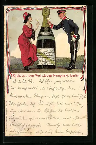Lithographie Berlin, Restaurant Kempinski, Mann und Dame stossen mit Sekt an
