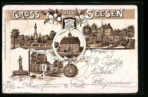Lithographie Seesen, Amtsgericht, Kriegerdenkmal, Kirche