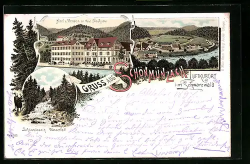 Lithographie Schönmünzach i. Schwarzwald, Hotel und Pension zur Post Glashütte, Wasserfall