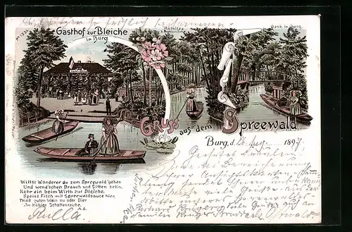 Lithographie Burg i. Spreewald, Gasthof zur Bleiche, Kahnfahrer