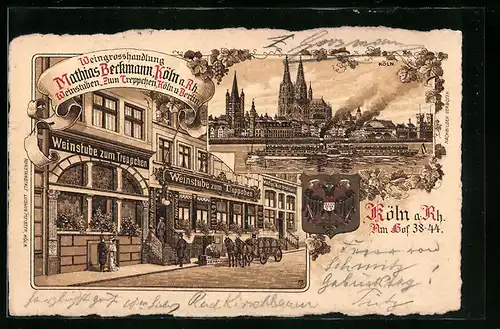 Lithographie Köln, Gasthaus Weinstube zum Treppchen v. M. Beckmann, Am Hof 38-44, Dom, Dampfer, Wappen, Pferdegespann