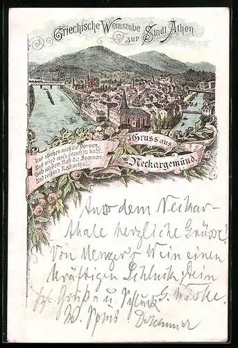 Lithographie Neckargemünd, Restaurant und griechische Weinstube zur Stadt Athen, Ortsansicht
