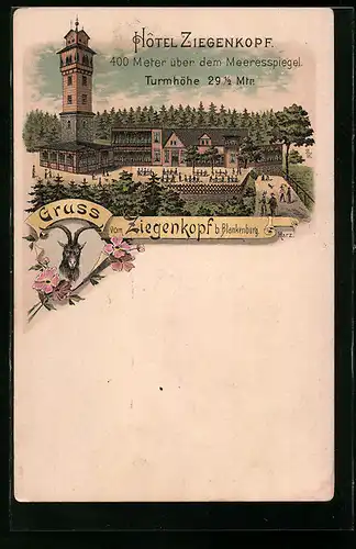 Lithographie Blankenburg, Hotel Ziegenkopf mit Aussichtsturm