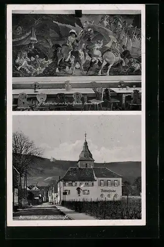 AK Burrweiler a. d. W., Gaststätte Ritterstube, Inh. Emil Schubert, Ritterkeller mit historischem Gemälde