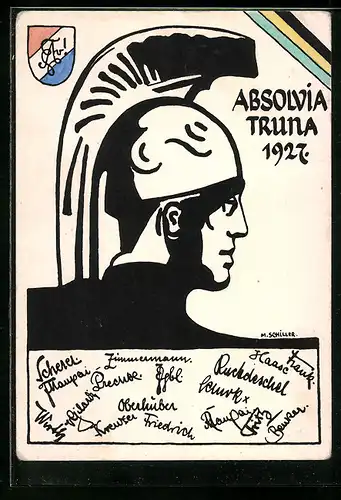 Künstler-AK Traunstein, Absolvia Truna 1927, römischer Soldat & Wappen