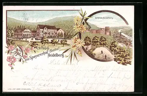 Lithographie Heidelberg, Hotel Speyererhof (Neuhof), Schloss