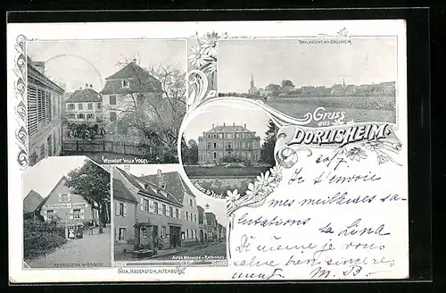 AK Dorlisheim, Restaurant zum Bahnhof, Weingut Villa Vogel, Alter Brunnen und Rathaus