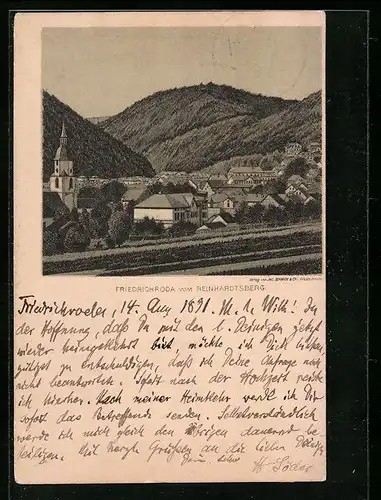 Vorläufer-Lithographie Friedrichroda, 1891, Ortsansicht vom Reinhardtsberg aus