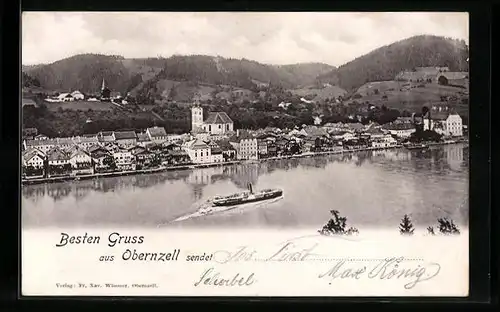 AK Obernzell, Blick auf den Ort am Wasser