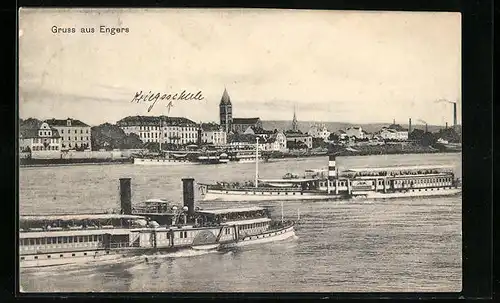 AK Engers, Rheinschifffahrt mit Blick auf die Ortschaft