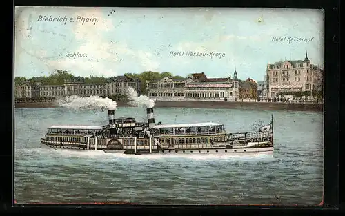 AK Biebrich a. Rhein, Dampfschiff mit Schloss und Hotel Kaiserhof