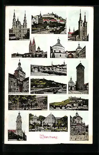 AK Würzburg, Stift Haugkirche, Mainländerheim, Festung Marienberg, Residenz, Neubaukirche u. Neumünsterkirche