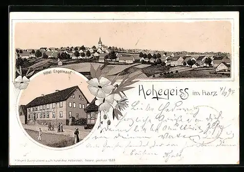 Vorläufer-Lithographie Hohegeiss im Harz, 1894, Hotel Engelmann, Ortsansicht