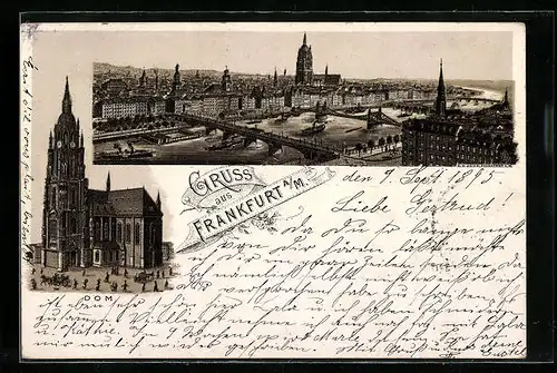 Vorläufer-Lithographie Alt-Frankfurt, 1895, Dom, Blick über den Main auf die Innenstadt
