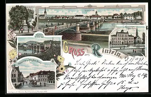 Lithographie Rinteln, Weserstrasse mit Hôtel Stadt Bremen, Gymnasium u. Reformkirche, Siegesdenkmal