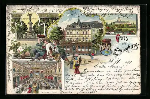Lithographie Siegburg, Hotel Siegburger Hof mit grosssem Saal, Abtei, Kriegerdenkmal