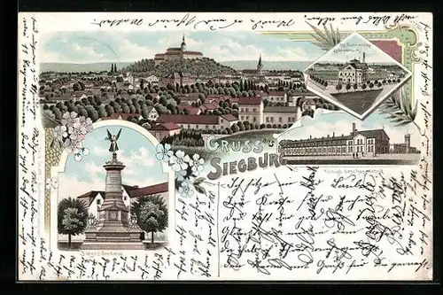 Lithographie Siegburg, Geschossfabrik, Feuerwerkslaboratorium, Ortsansicht mit Abtei