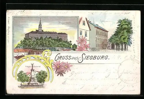 Lithographie Siegburg, Strafanstalt, Gymnasium und Kriegerdenkmal