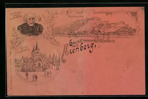 Lithographie Arenberg, Kirche mit Passanten, Pastor Kraus, Ehrenbreitstein mit Dampfer