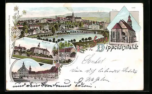 Lithographie Dippoldiswalde, Totalansicht, Marktplatz mit Rathaus, Amtsgericht, Steinbruch-Restauration