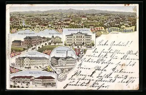 Lithographie Gross-Schönau /Sa., Oberlausitzer Webschule, Bahnhof, Hotel zur Post, Ortsansicht, Wappen